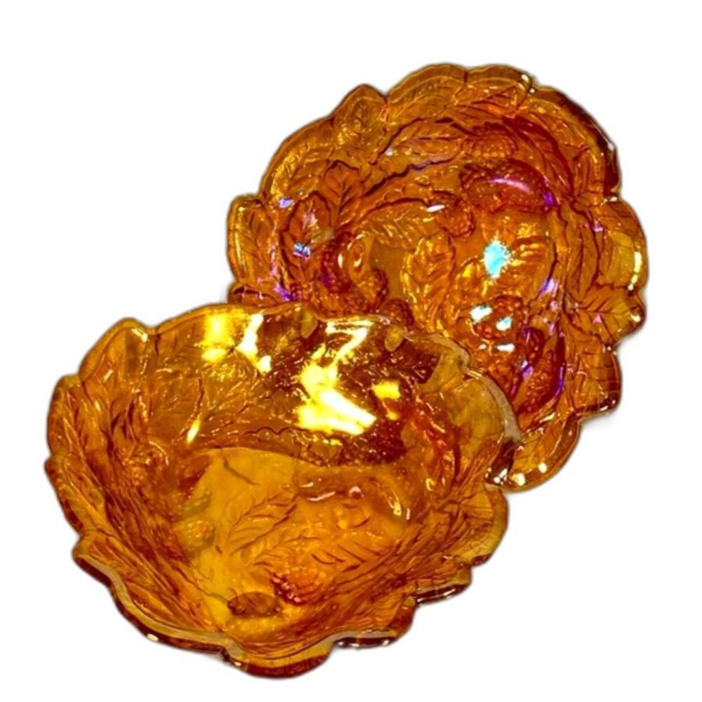 2 Vintage Indiana Glass Carnival Glass Loganberry Dishes in Amber or Marigold
